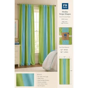PB Teen Henley Stripe Drapes 96” Green Blue Cotton Curtain Panels Pair Coastal
